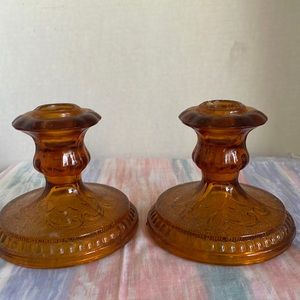 Set f 2 Duncan and Miller amber glass candle holders.